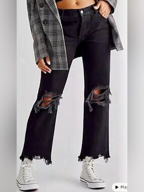 Free People Black Mid-Rise Distressed Jeans